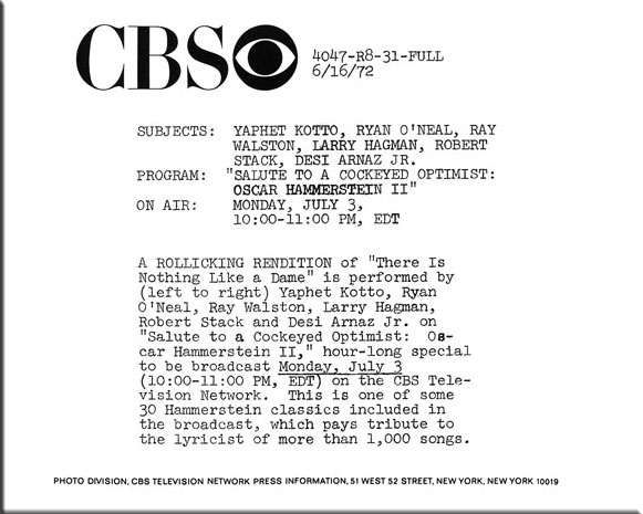 Yaphet Kotto, Ryan O'Neal, Ray Walston, Larry Hagman, Robert Stack, Desi Arnaz Jr., Salute to a Cockeyed Optimist